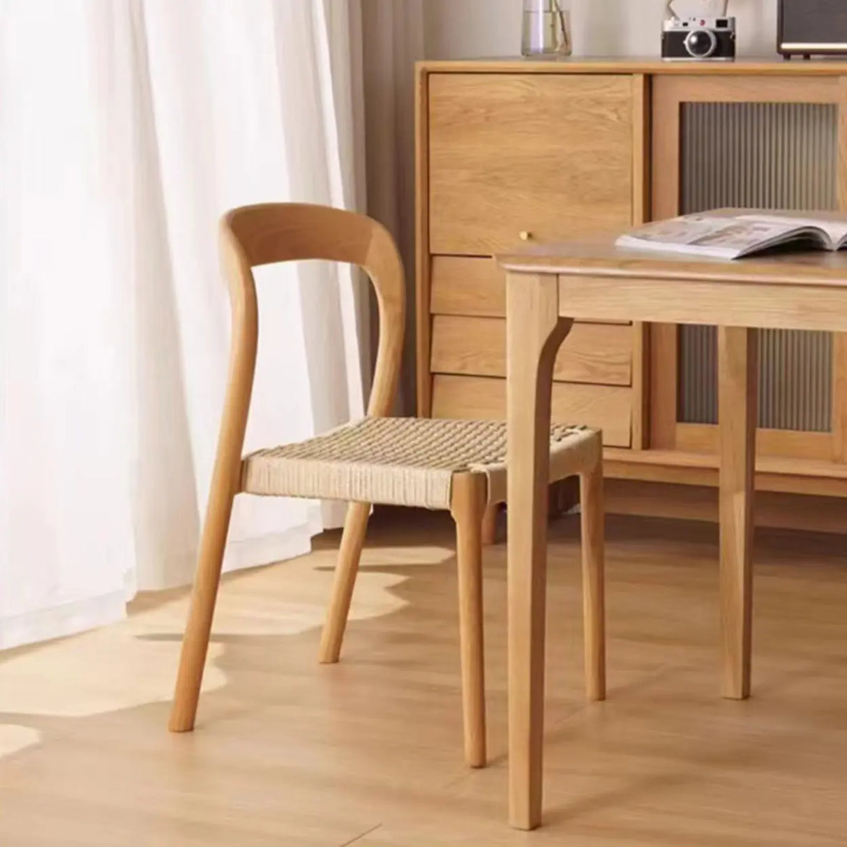 Natural Wood Braided Rope Seat Armless Dining Chair Image - 16