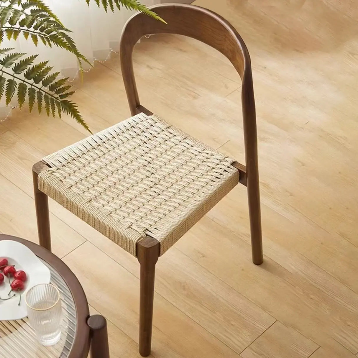 Natural Wood Braided Rope Seat Armless Dining Chair Image - 4