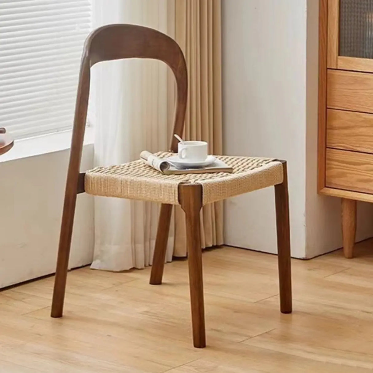 Natural Wood Braided Rope Seat Armless Dining Chair Image - 6