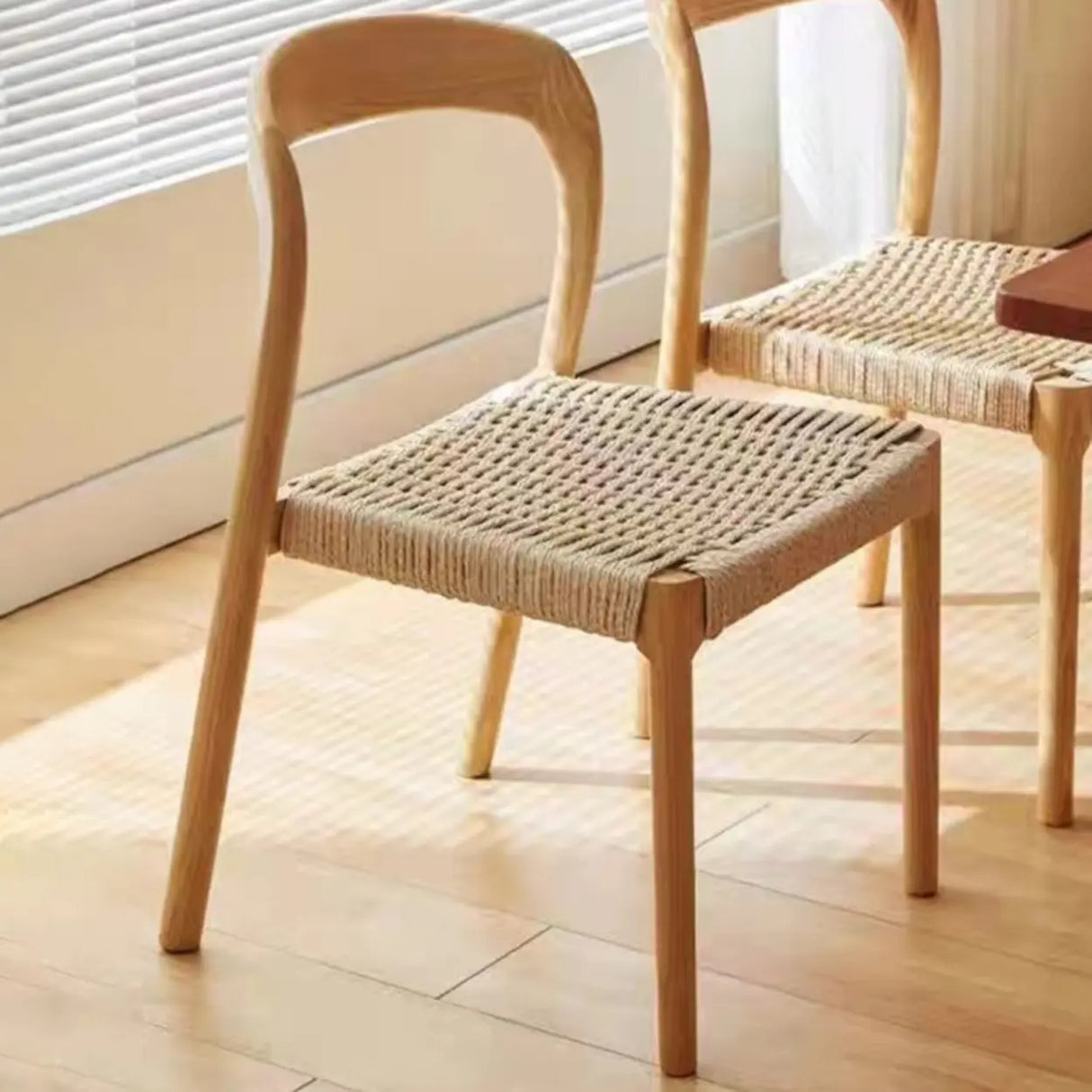 Natural Wood Braided Rope Seat Armless Dining Chair Image - 8
