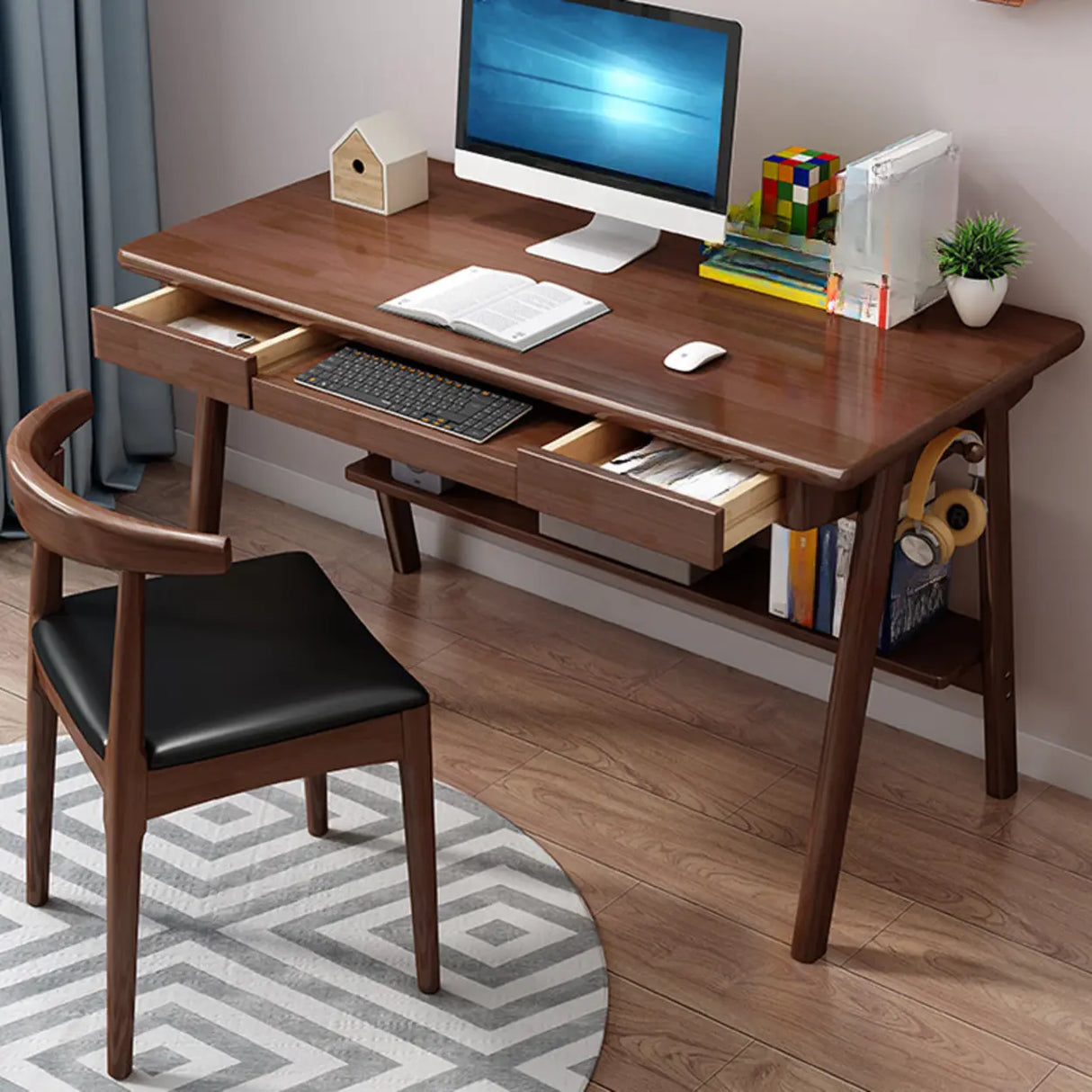 Natural Wood Desk Drawers Shelving and Keyboard Holder Image - 1