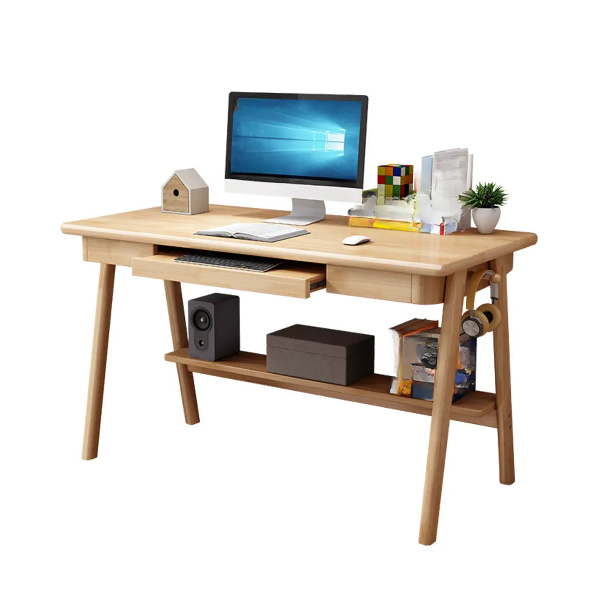 Natural Wood Desk Drawers Shelving and Keyboard Holder Image - 2