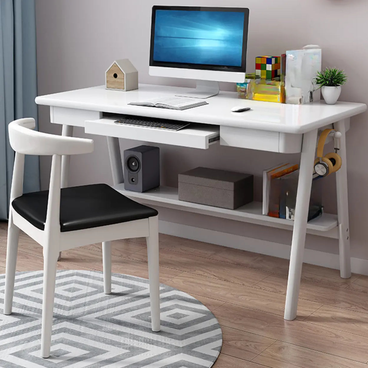 Natural Wood Desk Drawers Shelving and Keyboard Holder Image - 4