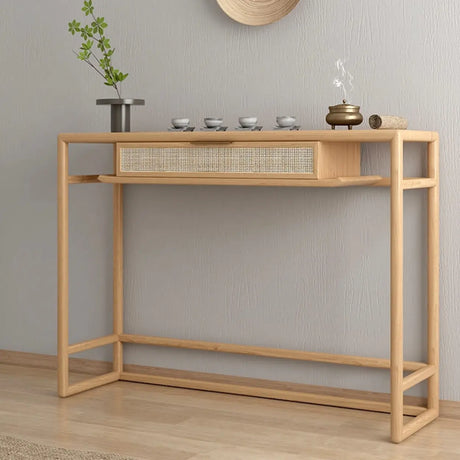 Natural Wood Display Rattan Insert Storage Console Table Image - 1