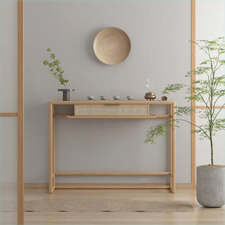 Natural Wood Display Rattan Insert Storage Console Table Image - 2