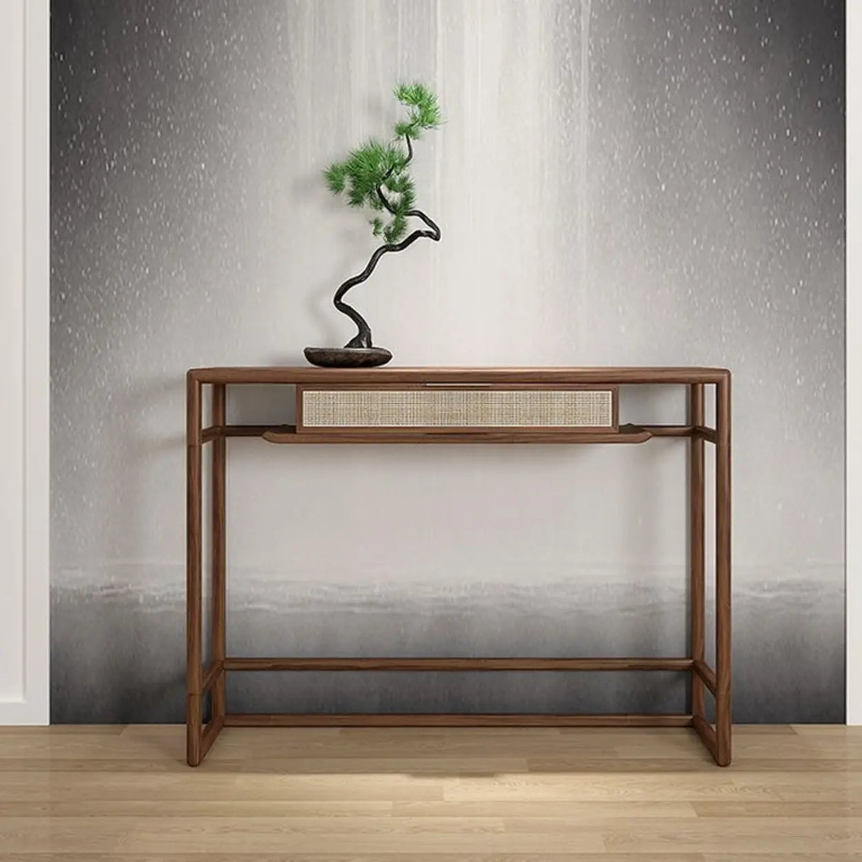 Natural Wood Display Rattan Insert Storage Console Table Image - 3