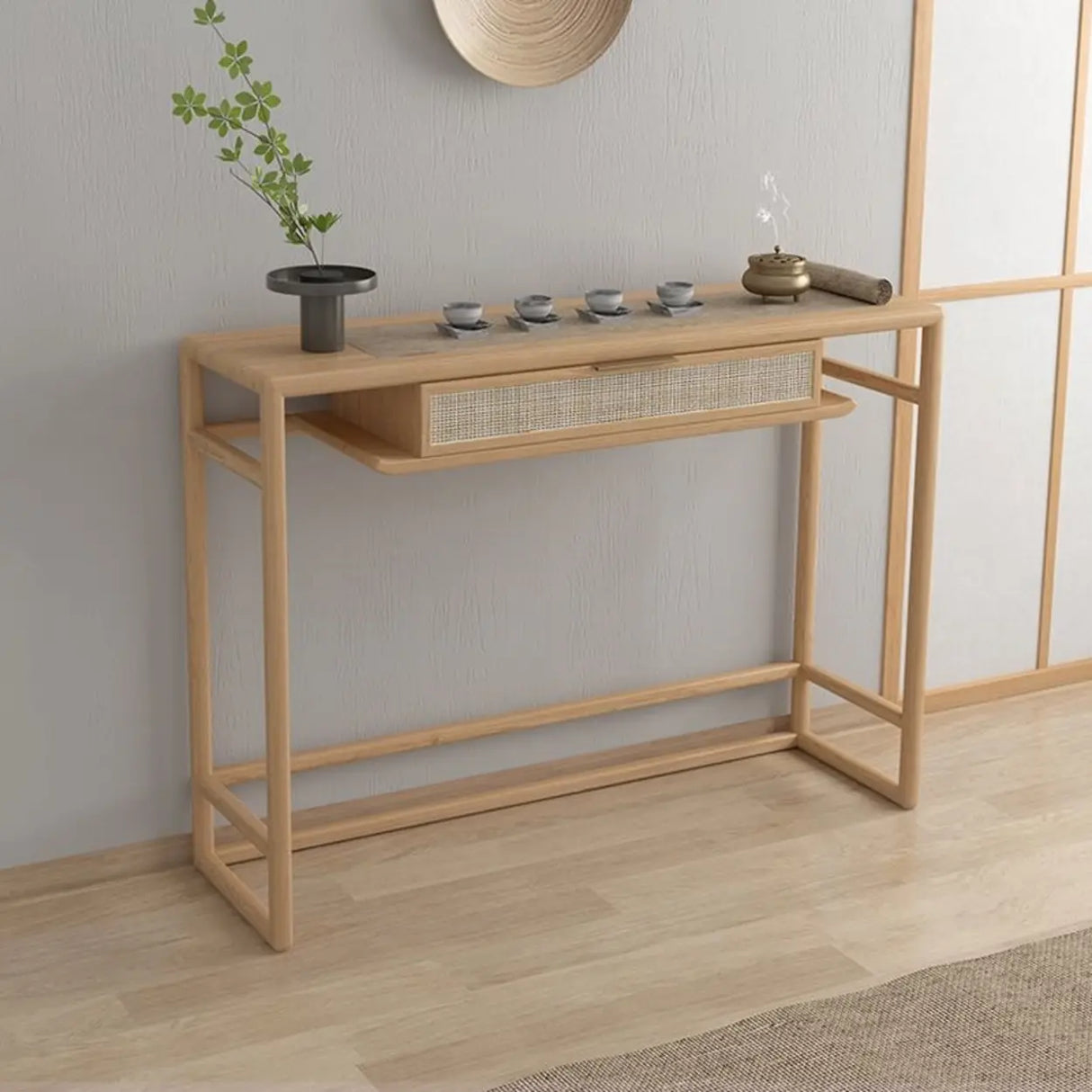 Natural Wood Display Rattan Insert Storage Console Table Image - 5