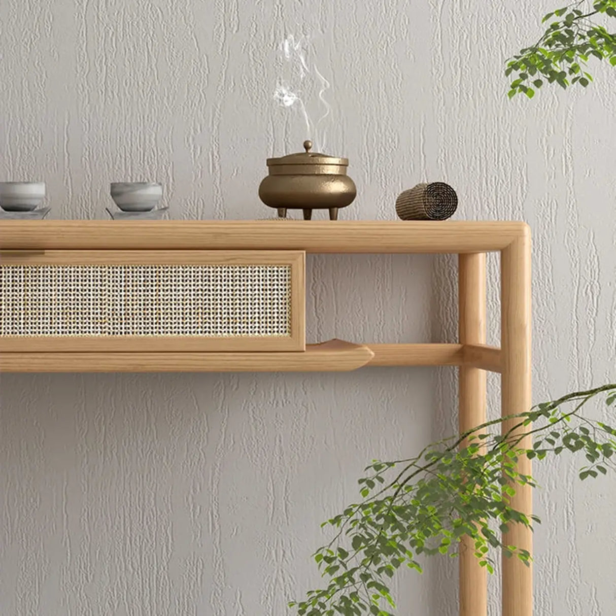 Natural Wood Display Rattan Insert Storage Console Table Image - 6