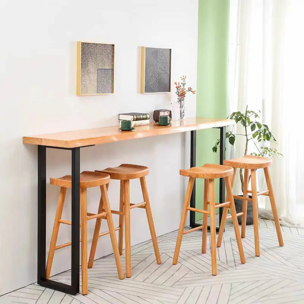 Natural Wood Footrest Saddle Backless Bar Stools Brown Image - 3