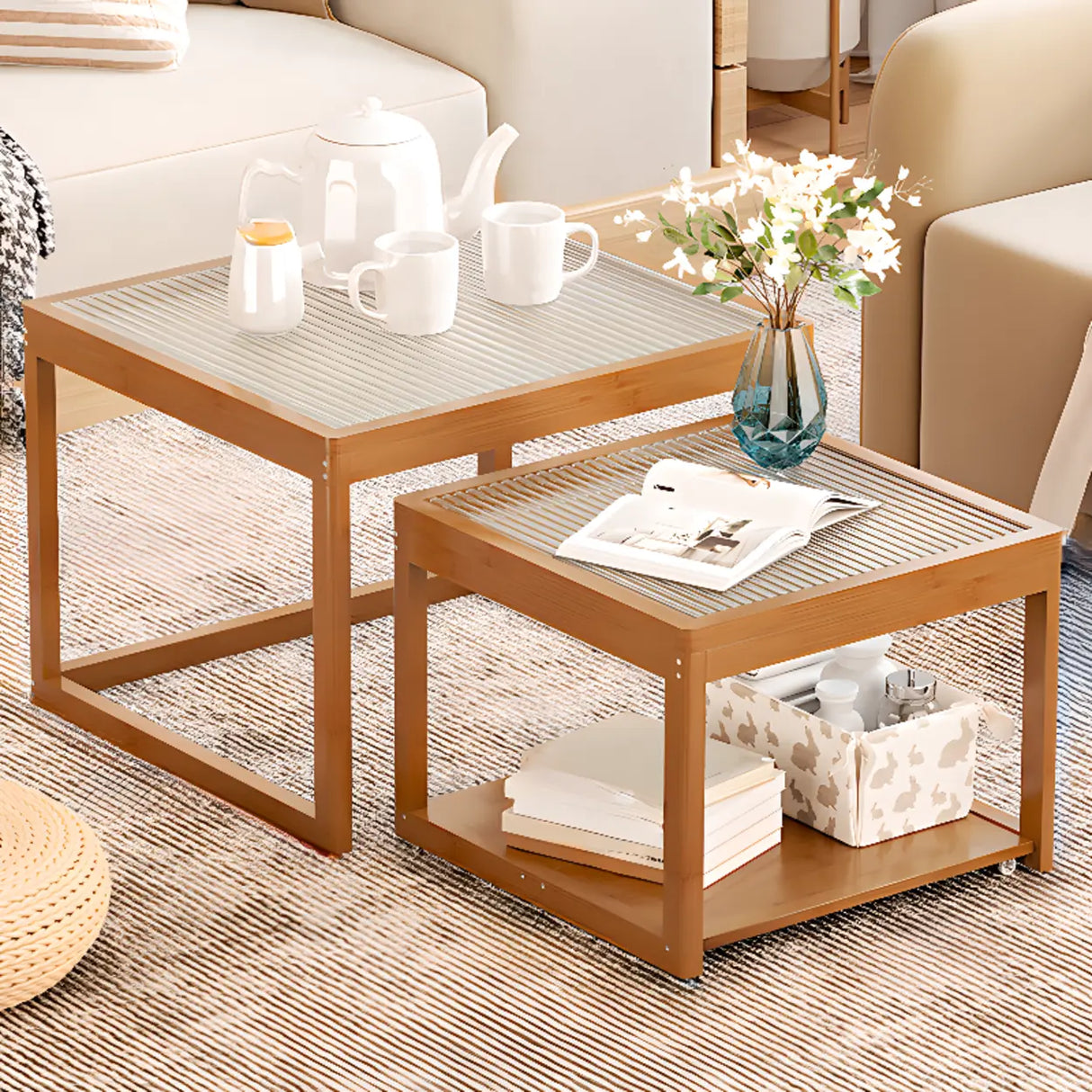 Natural Wood Frame Clear Glass Square Coffee Table Image - 11