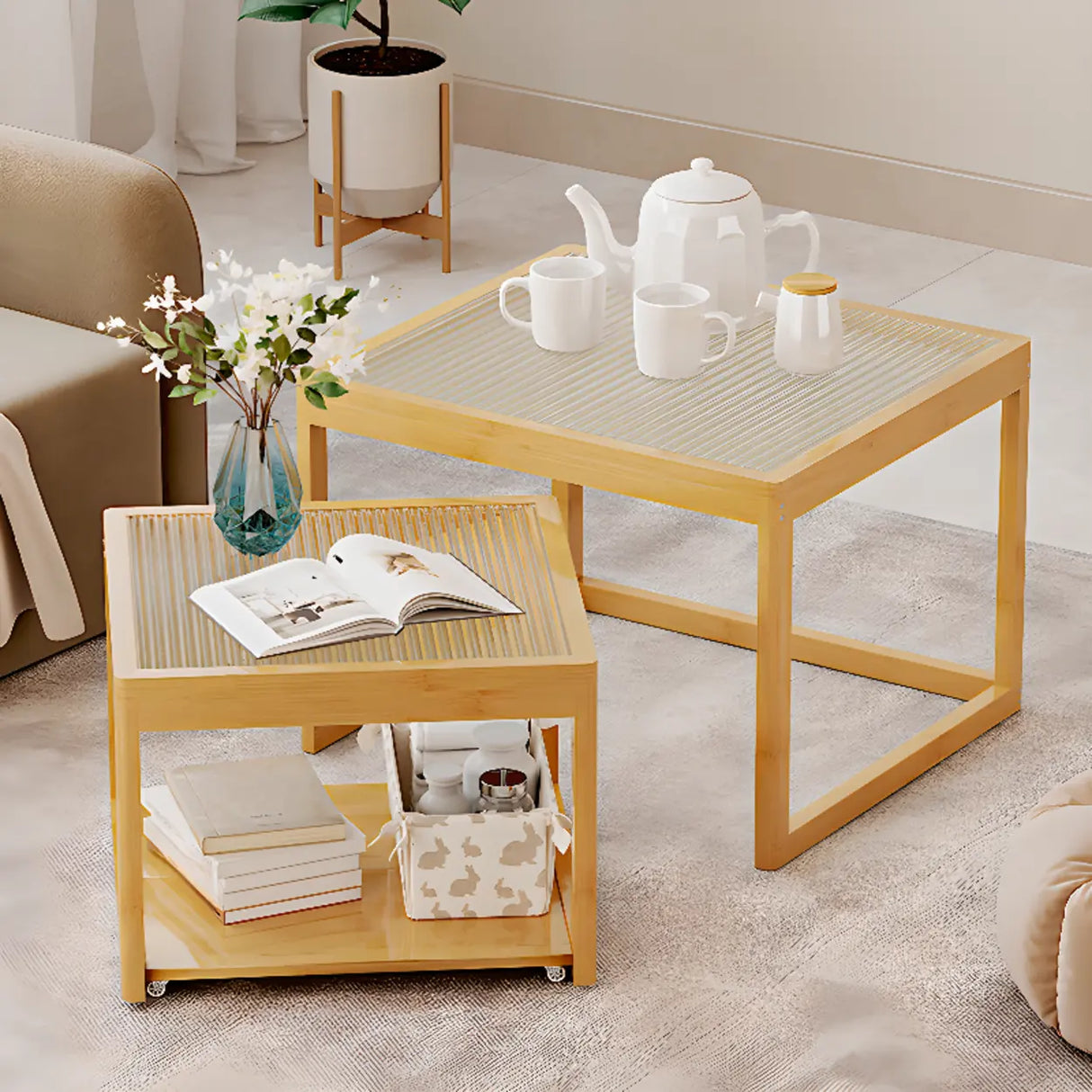 Natural Wood Frame Clear Glass Square Coffee Table Image - 1