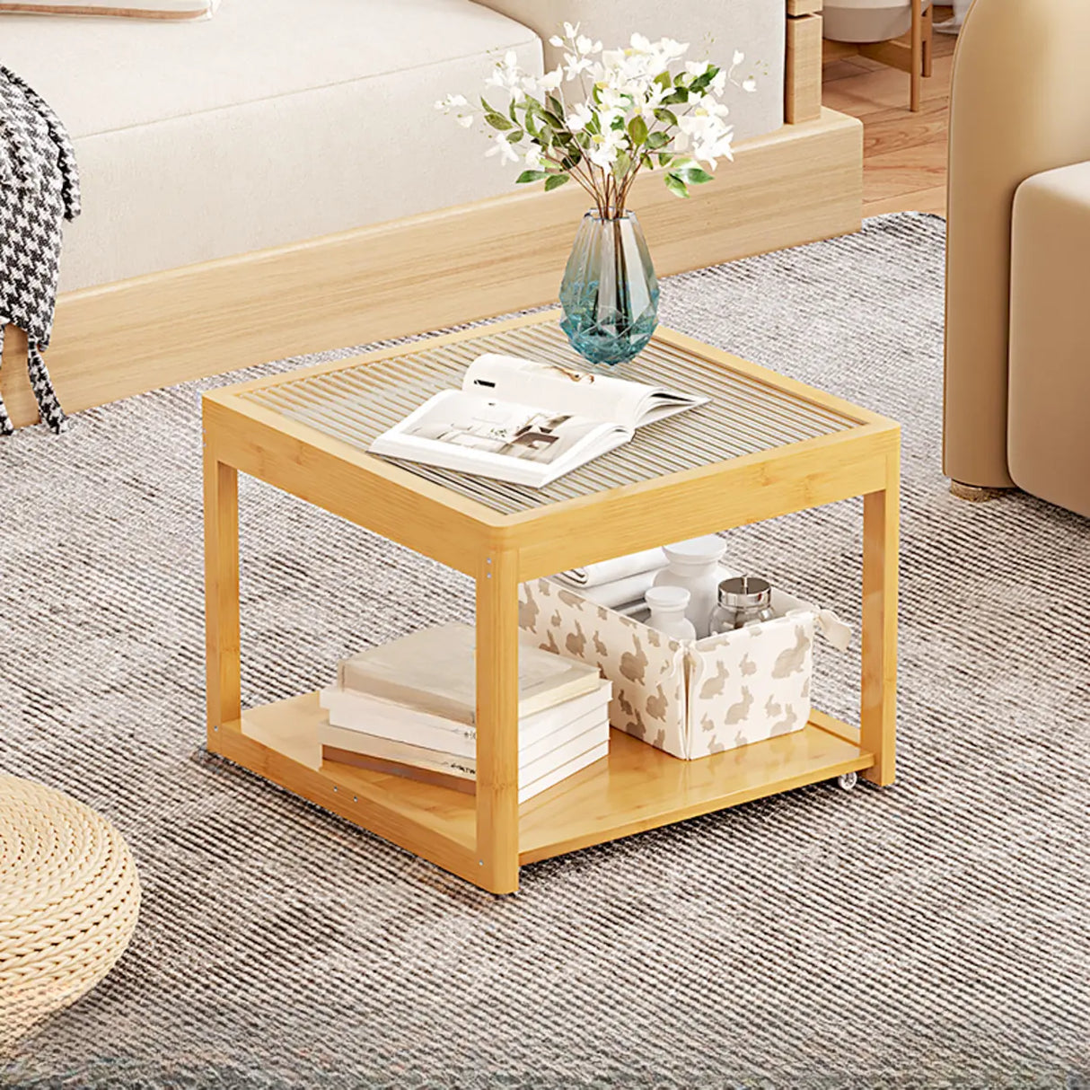 Natural Wood Frame Clear Glass Square Coffee Table Image - 2