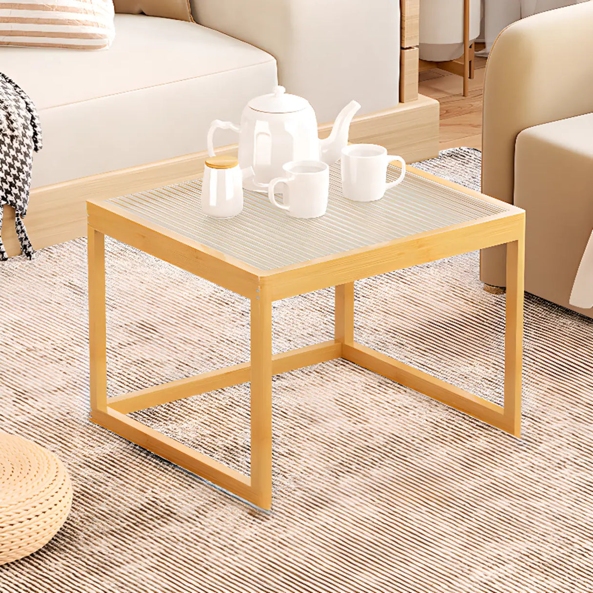 Natural Wood Frame Clear Glass Square Coffee Table Image - 3
