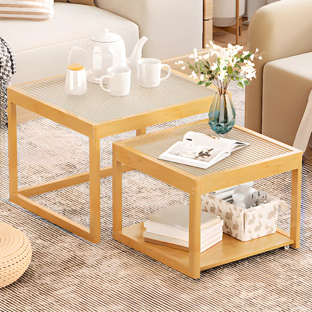 Natural Wood Frame Clear Glass Square Coffee Table Image - 5