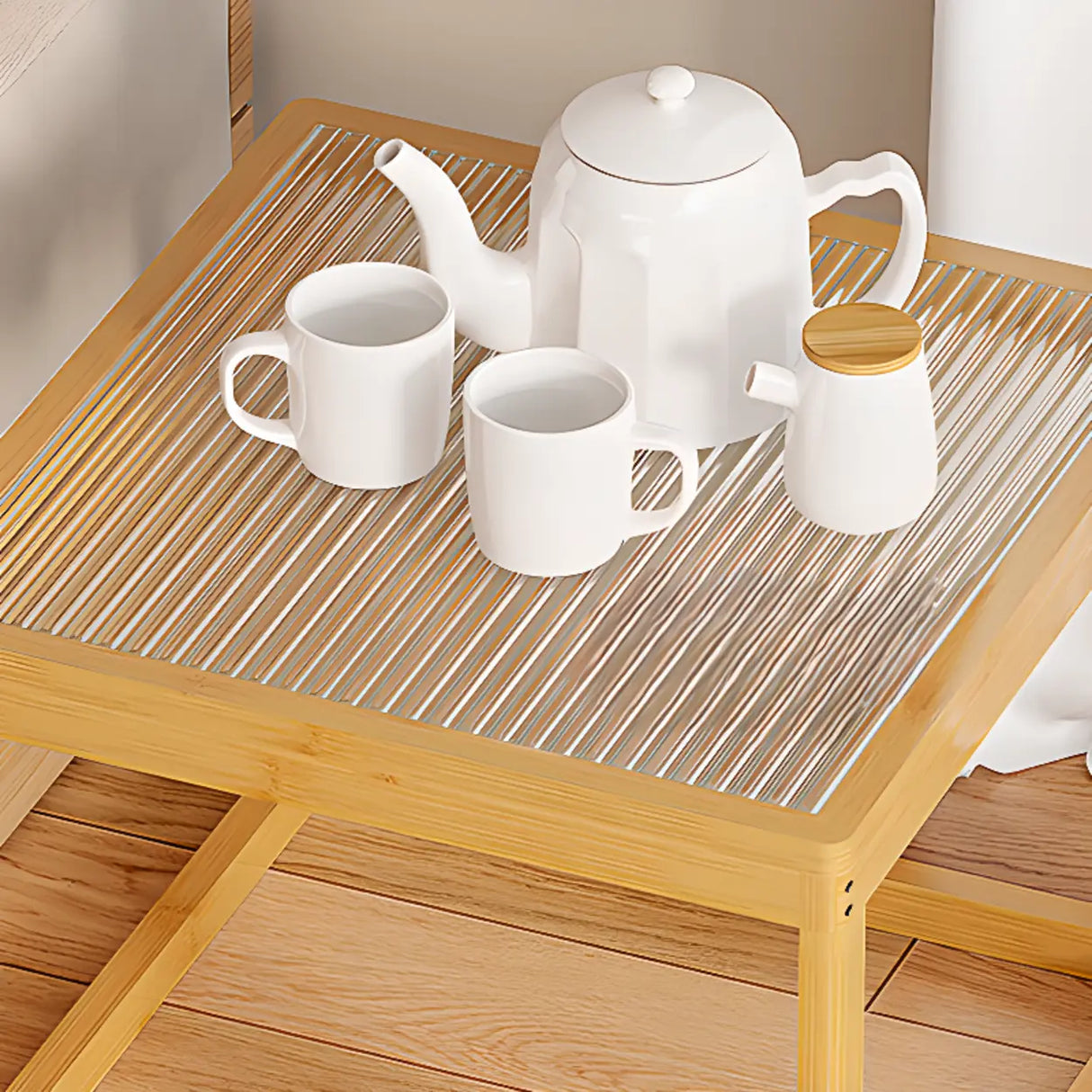 Natural Wood Frame Clear Glass Square Coffee Table Image - 6