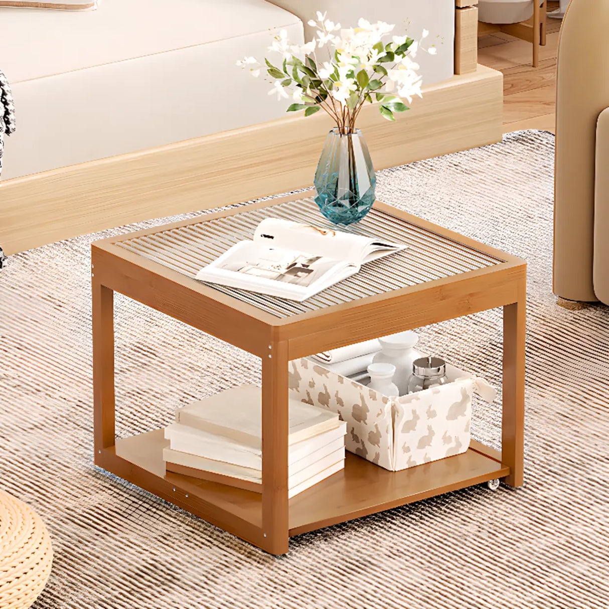 Natural Wood Frame Clear Glass Square Coffee Table Image - 7