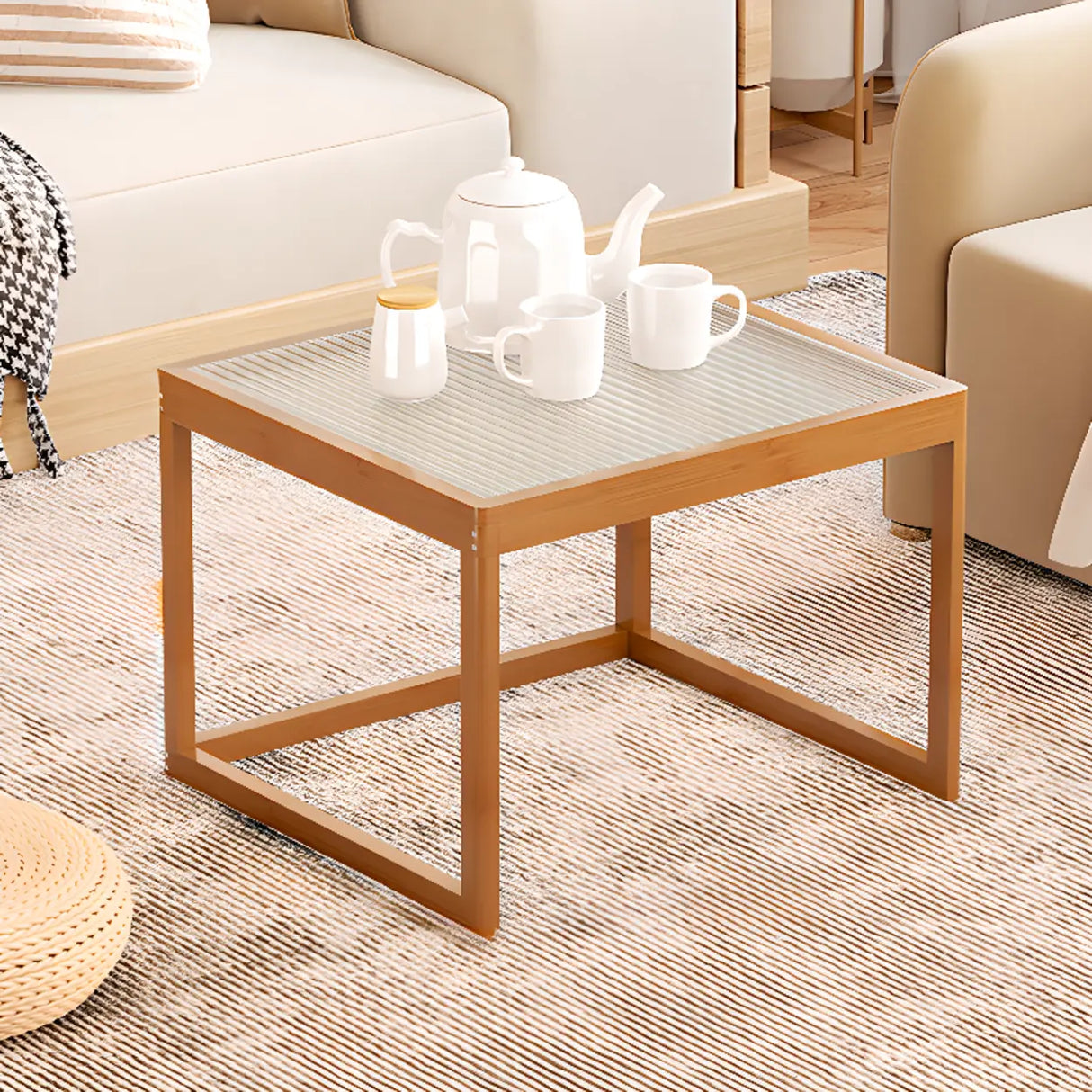 Natural Wood Frame Clear Glass Square Coffee Table Image - 9