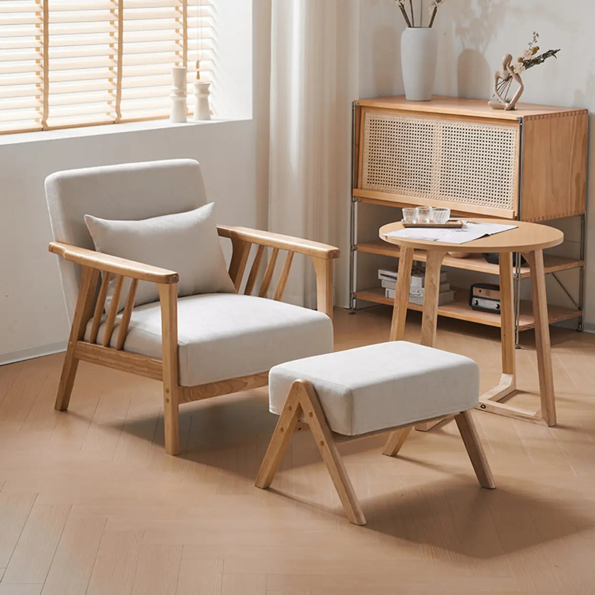 Natural Wood Frame Cotton Linen Fixed Back Arm Chair Image - 1