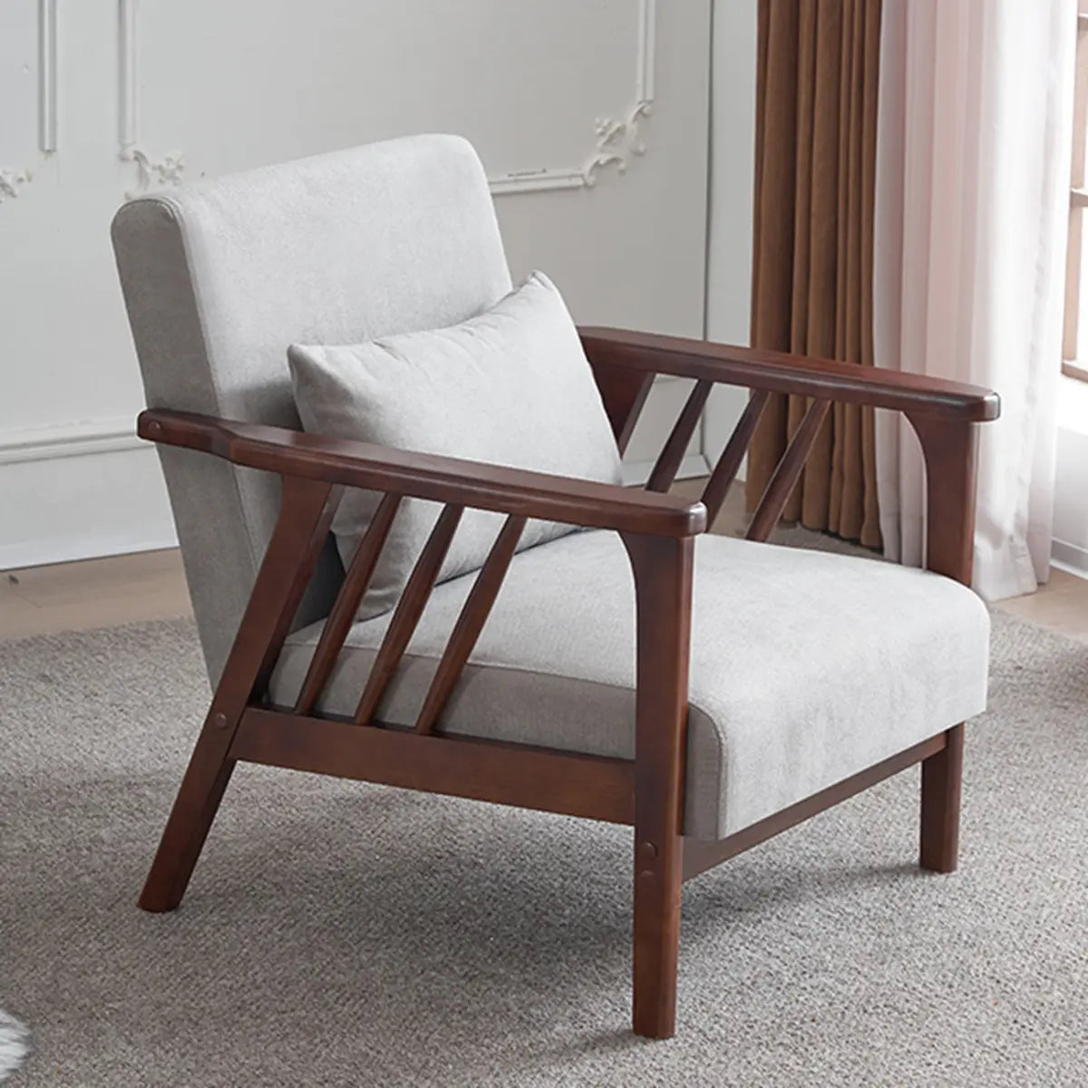 Natural Wood Frame Cotton Linen Fixed Back Arm Chair Image - 15