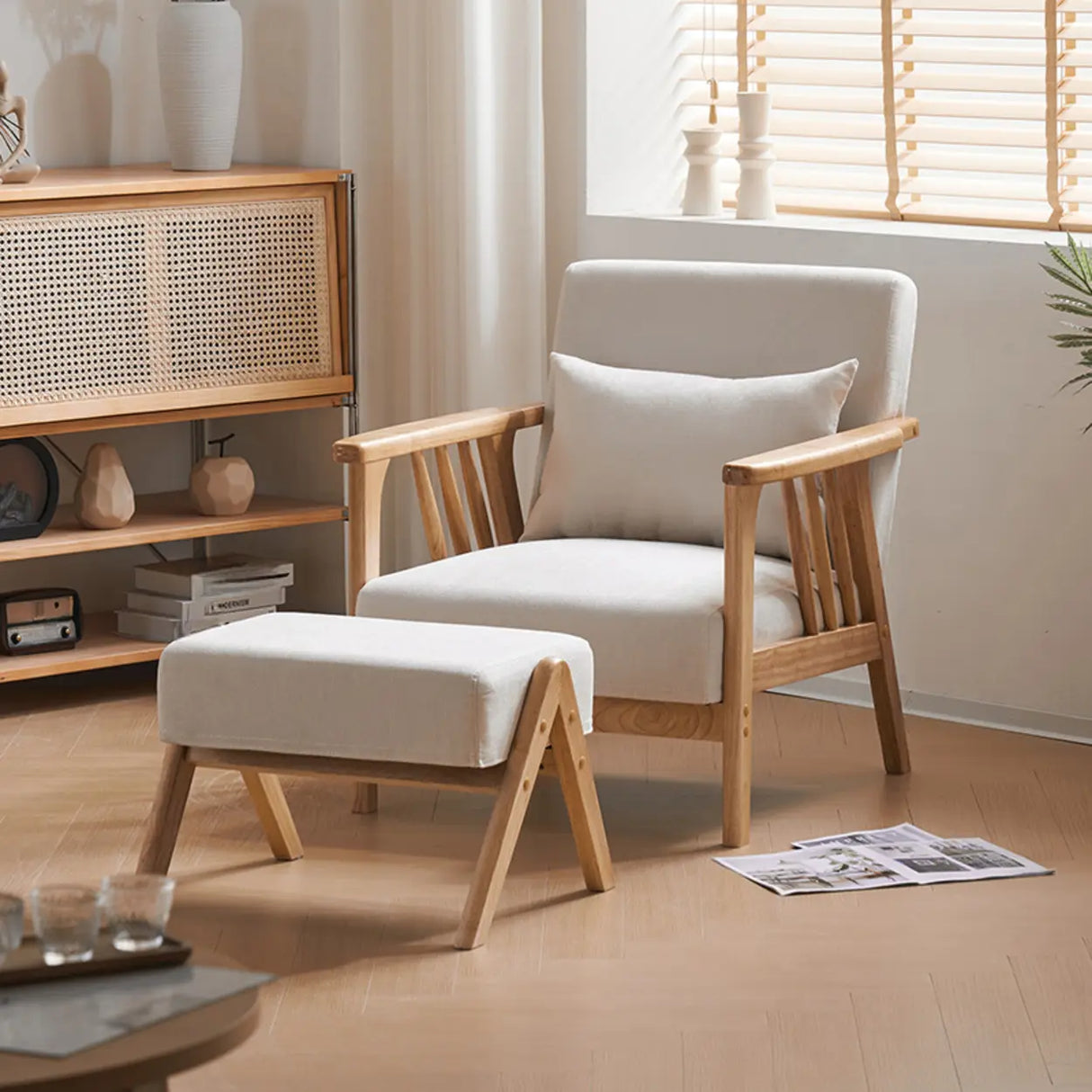 Natural Wood Frame Cotton Linen Fixed Back Arm Chair Image - 2