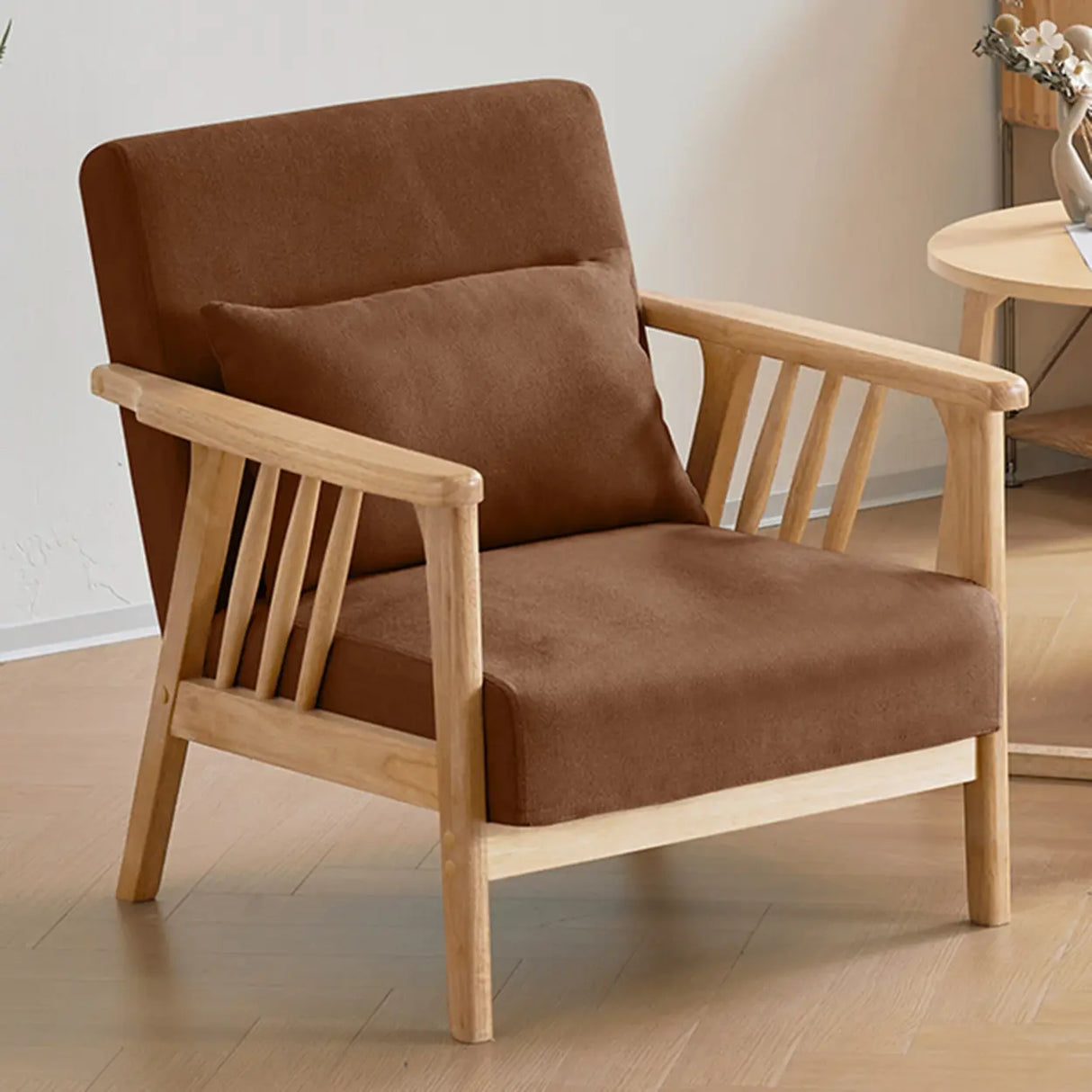 Natural Wood Frame Cotton Linen Fixed Back Arm Chair Image - 3