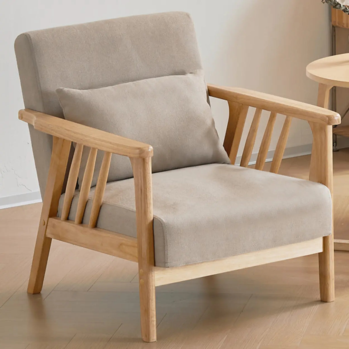 Natural Wood Frame Cotton Linen Fixed Back Arm Chair Image - 4