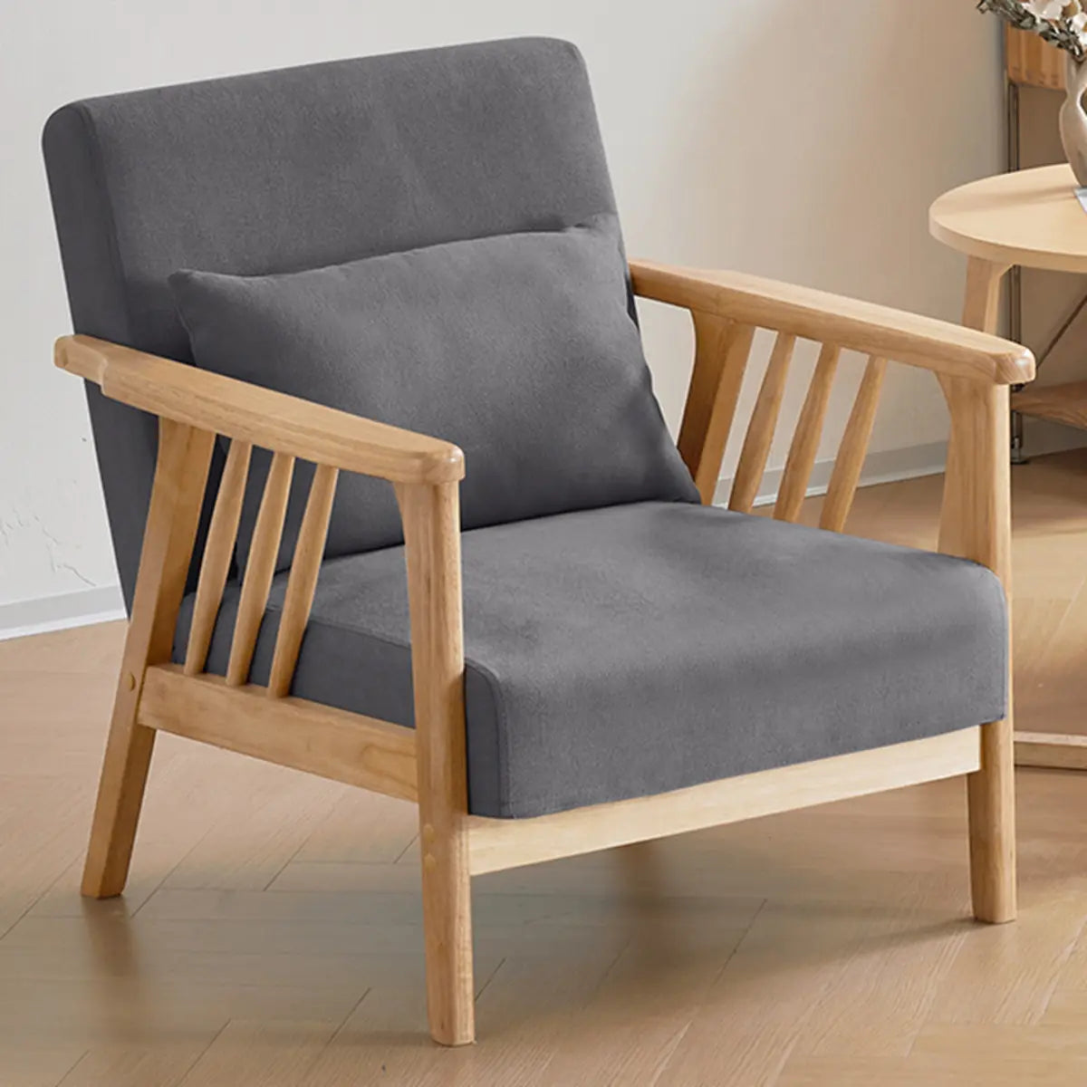 Natural Wood Frame Cotton Linen Fixed Back Arm Chair Image - 9