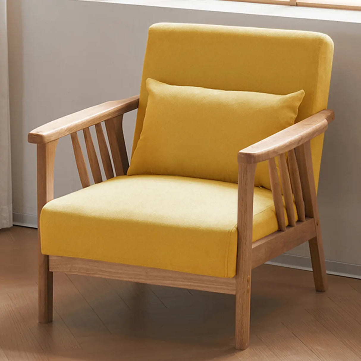 Natural Wood Frame Cotton Linen Fixed Back Arm Chair Image - 5