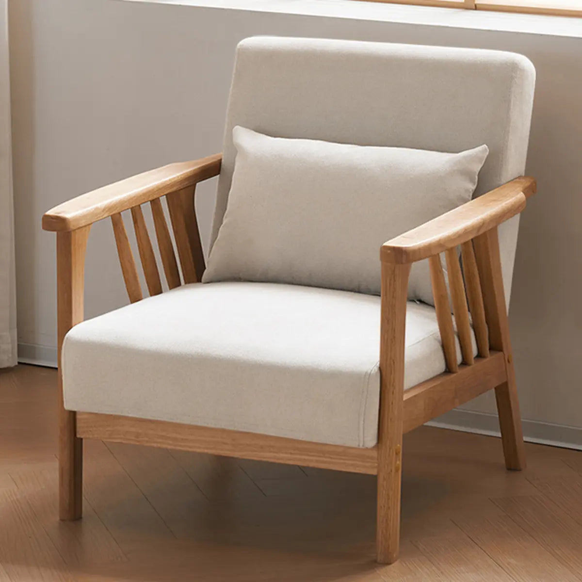 Natural Wood Frame Cotton Linen Fixed Back Arm Chair Image - 12