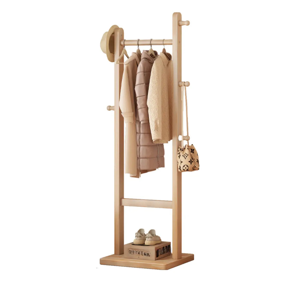 Natural Wood Hooks Hall Coat Rack with Storage Shelf Image - 10