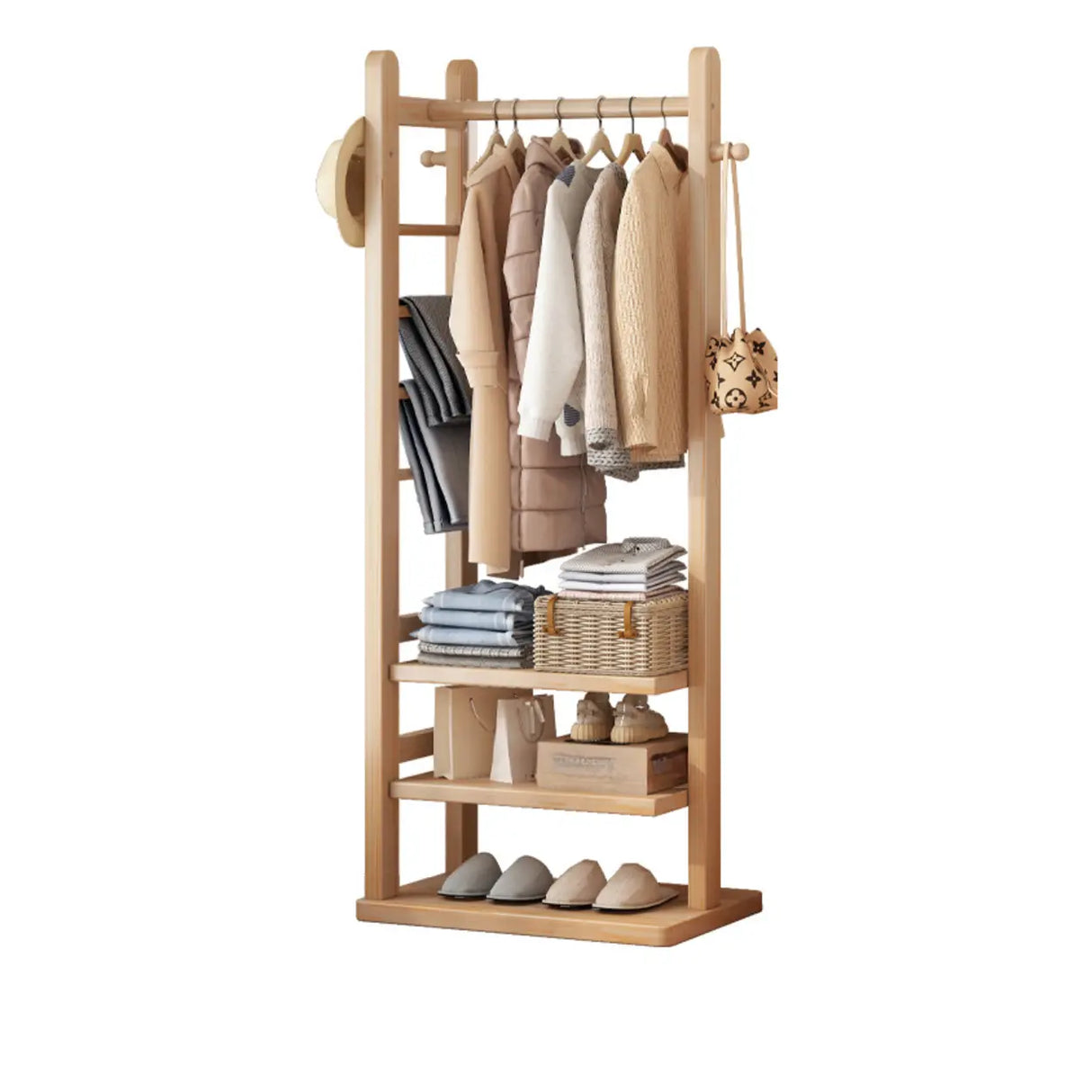 Natural Wood Hooks Hall Coat Rack with Storage Shelf Image - 11