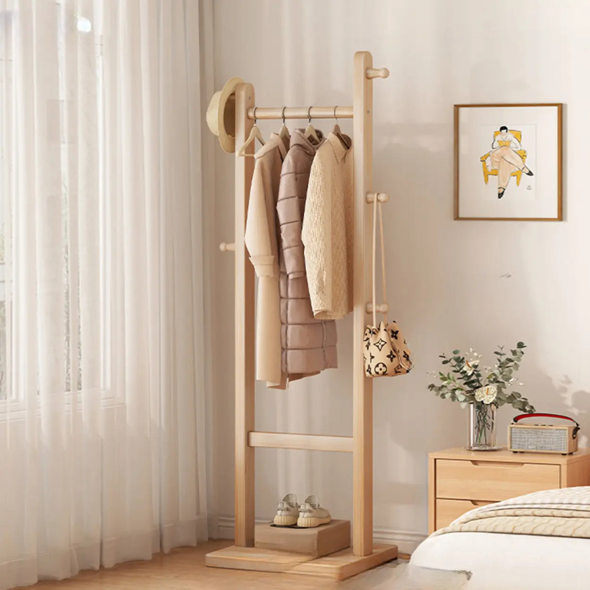 Natural Wood Hooks Hall Coat Rack with Storage Shelf Image - 15