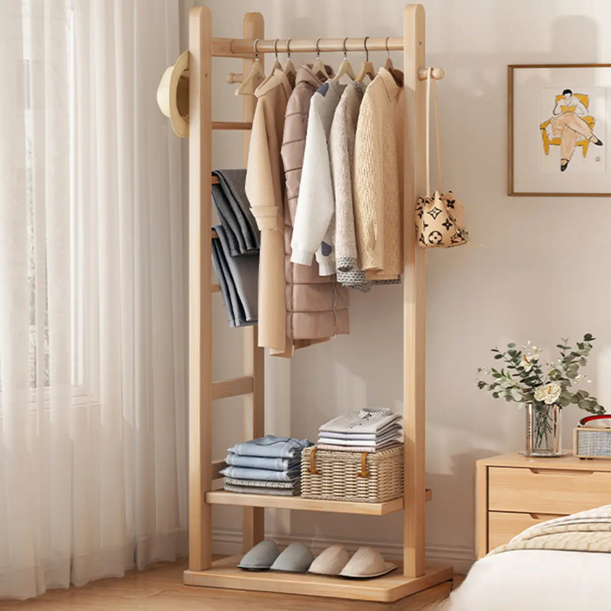 Natural Wood Hooks Hall Coat Rack with Storage Shelf Image - 16