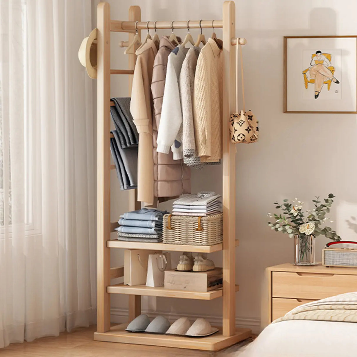 Natural Wood Hooks Hall Coat Rack with Storage Shelf Image - 17