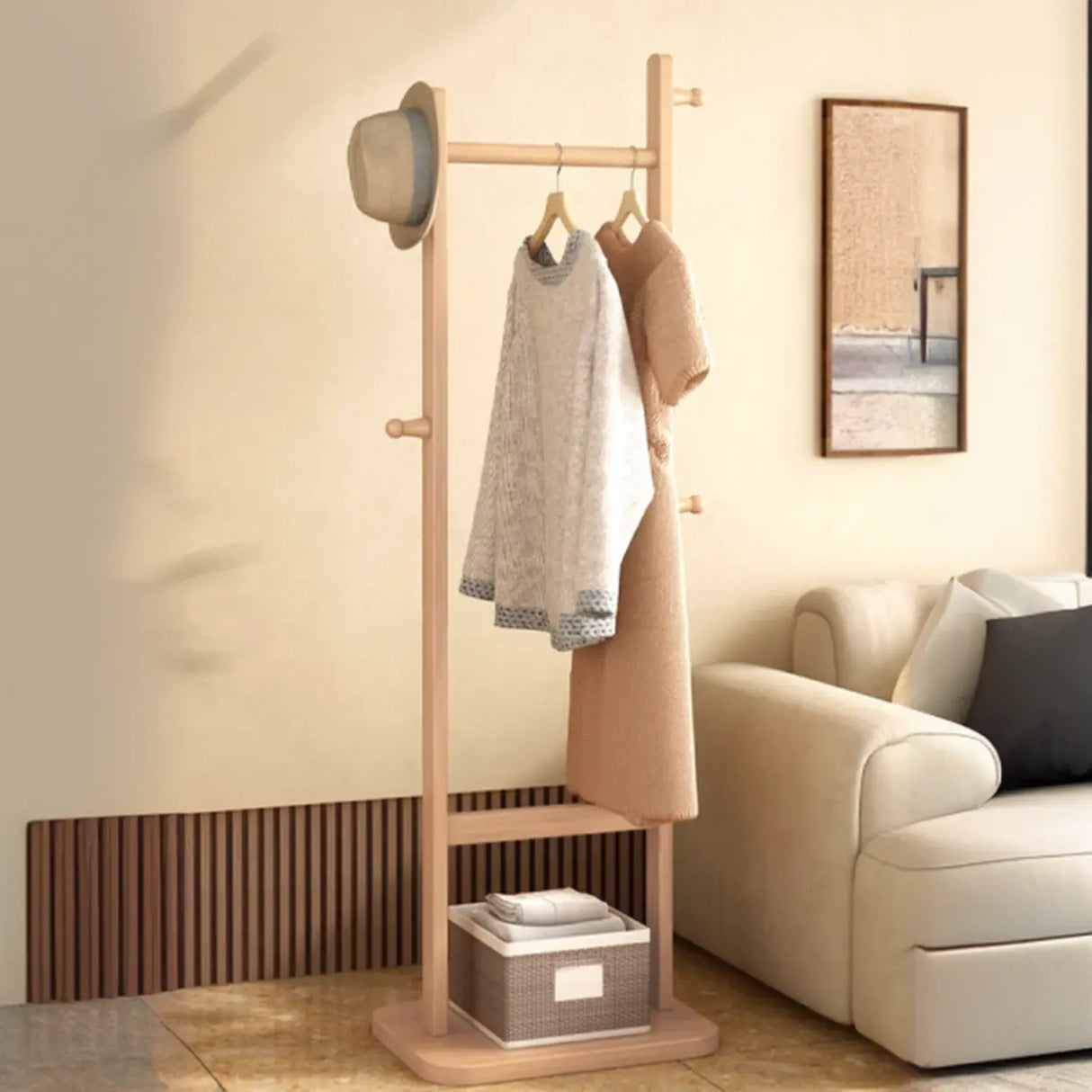 Natural Wood Hooks Hall Coat Rack with Storage Shelf Image - 1