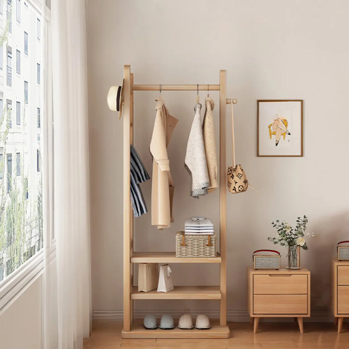 Natural Wood Hooks Hall Coat Rack with Storage Shelf Image - 2