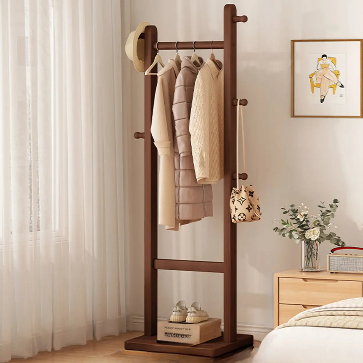 Natural Wood Hooks Hall Coat Rack with Storage Shelf Image - 3
