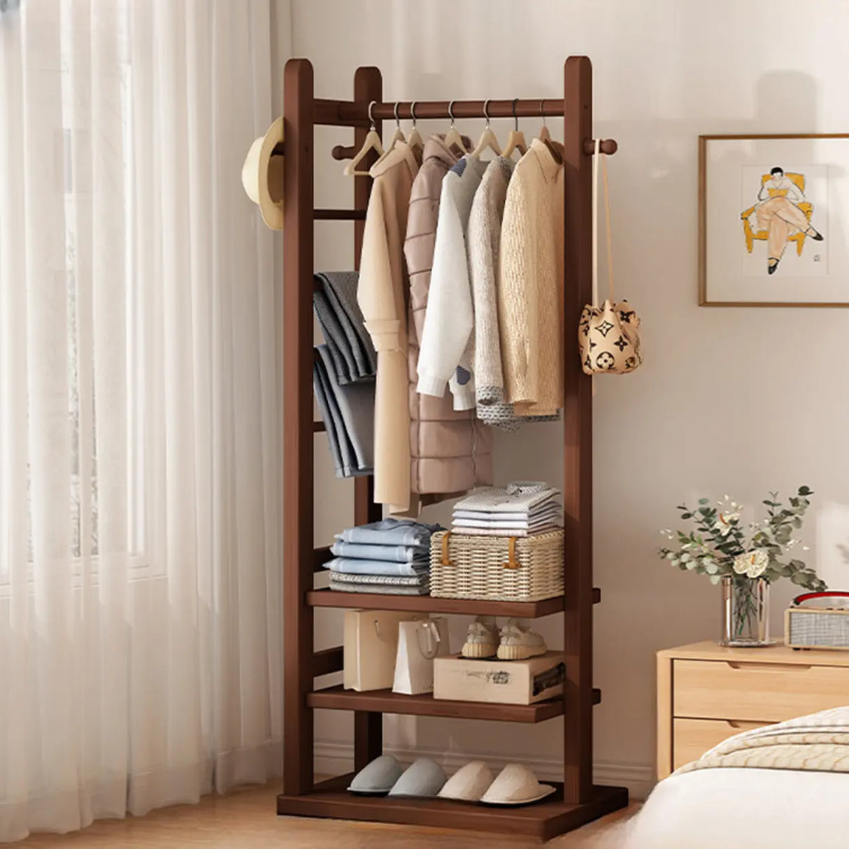 Natural Wood Hooks Hall Coat Rack with Storage Shelf Image - 4