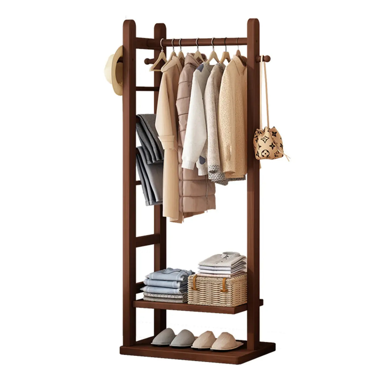 Natural Wood Hooks Hall Coat Rack with Storage Shelf Image - 5