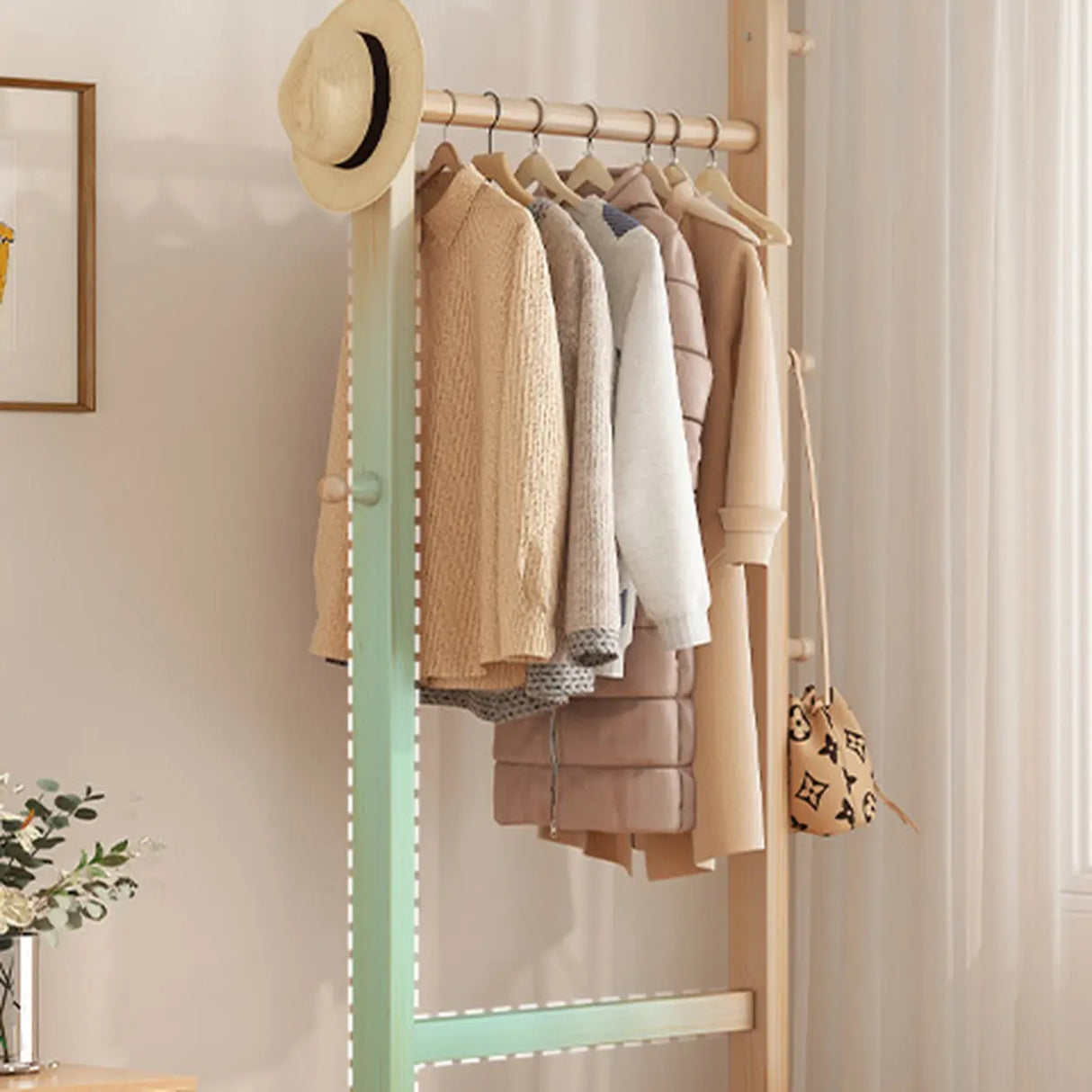 Natural Wood Hooks Hall Coat Rack with Storage Shelf Image - 7