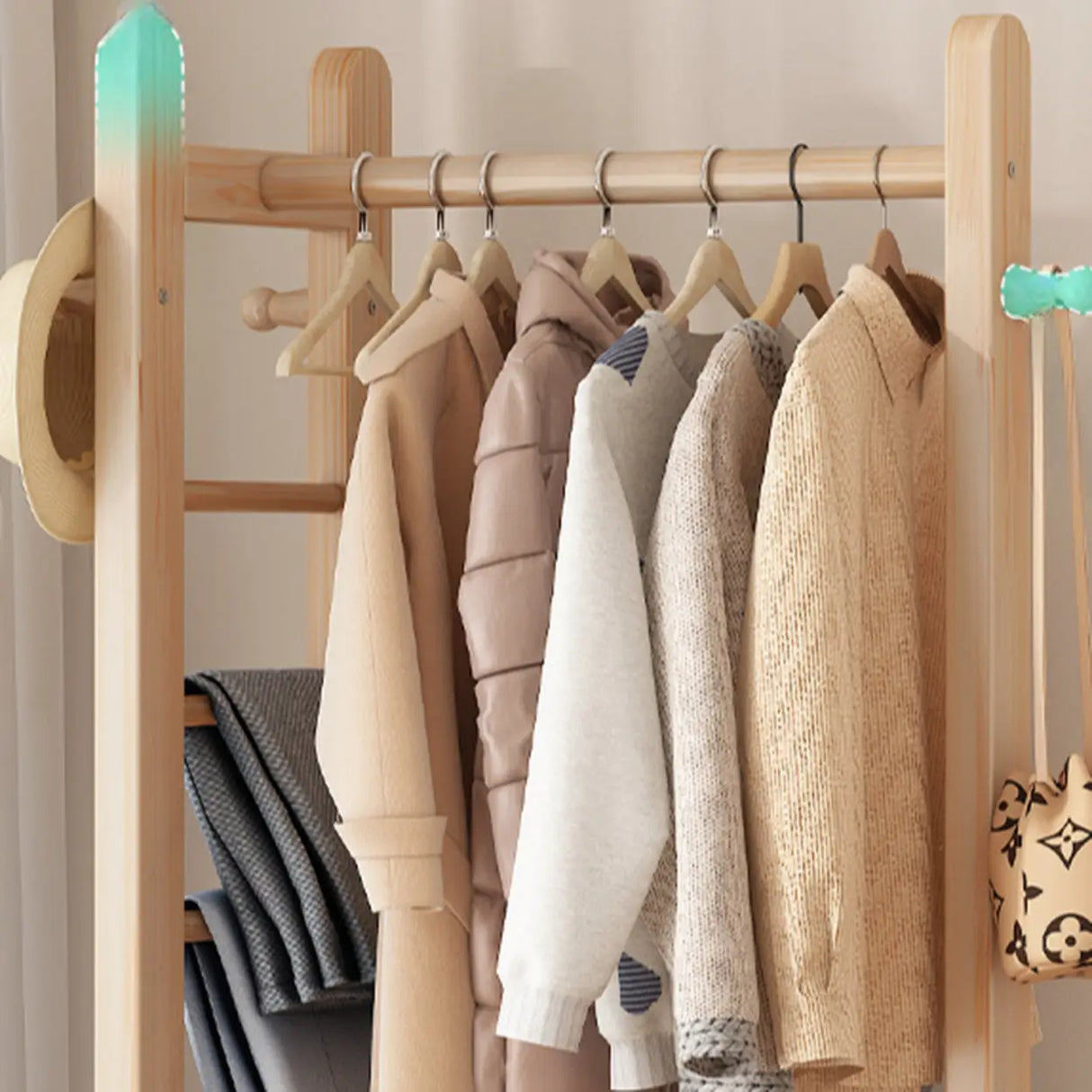 Natural Wood Hooks Hall Coat Rack with Storage Shelf Image - 8