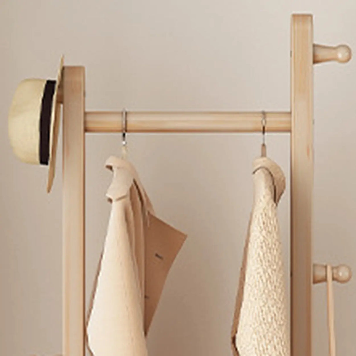Natural Wood Hooks Hall Coat Rack with Storage Shelf Image - 9