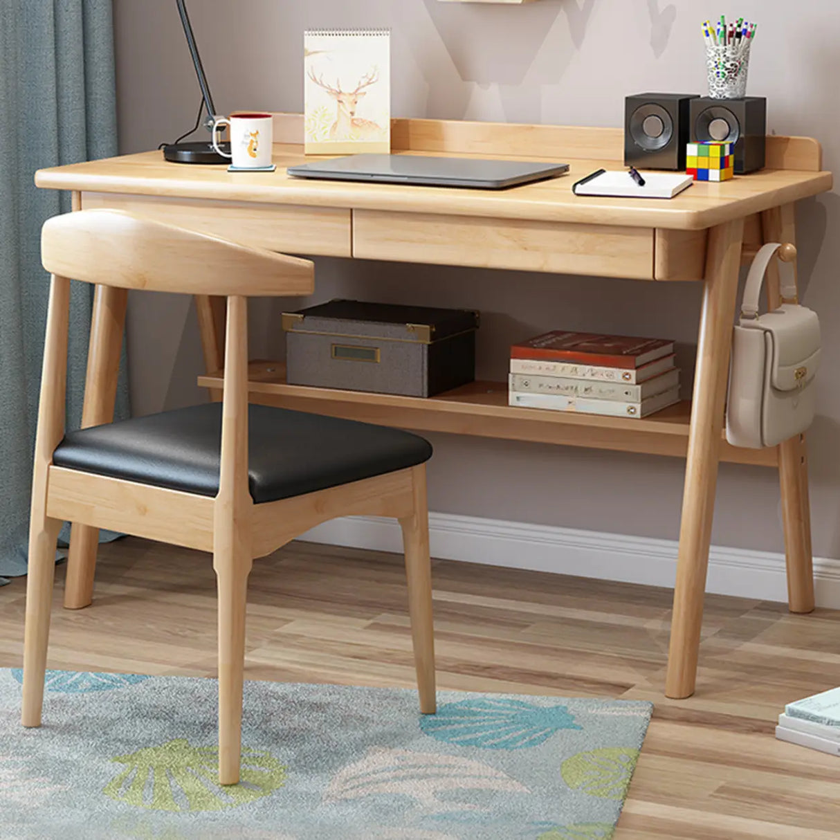 Natural Wood Kids Writing Desk Drawers and Shelves Image - 1