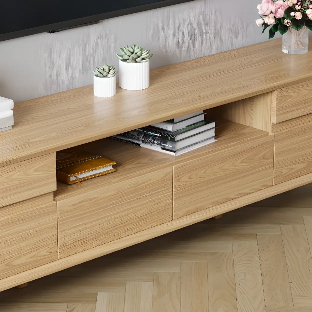 Natural Wood Open Storage Drawers Rectangular TV Stand Image - 10