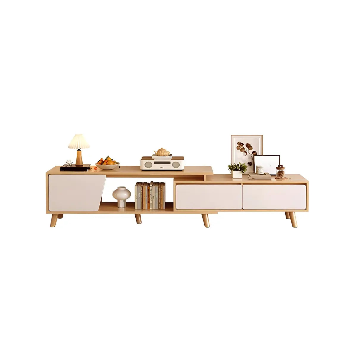 Natural Wood Open Storage Drawers TV Stand with Legs Image - 10