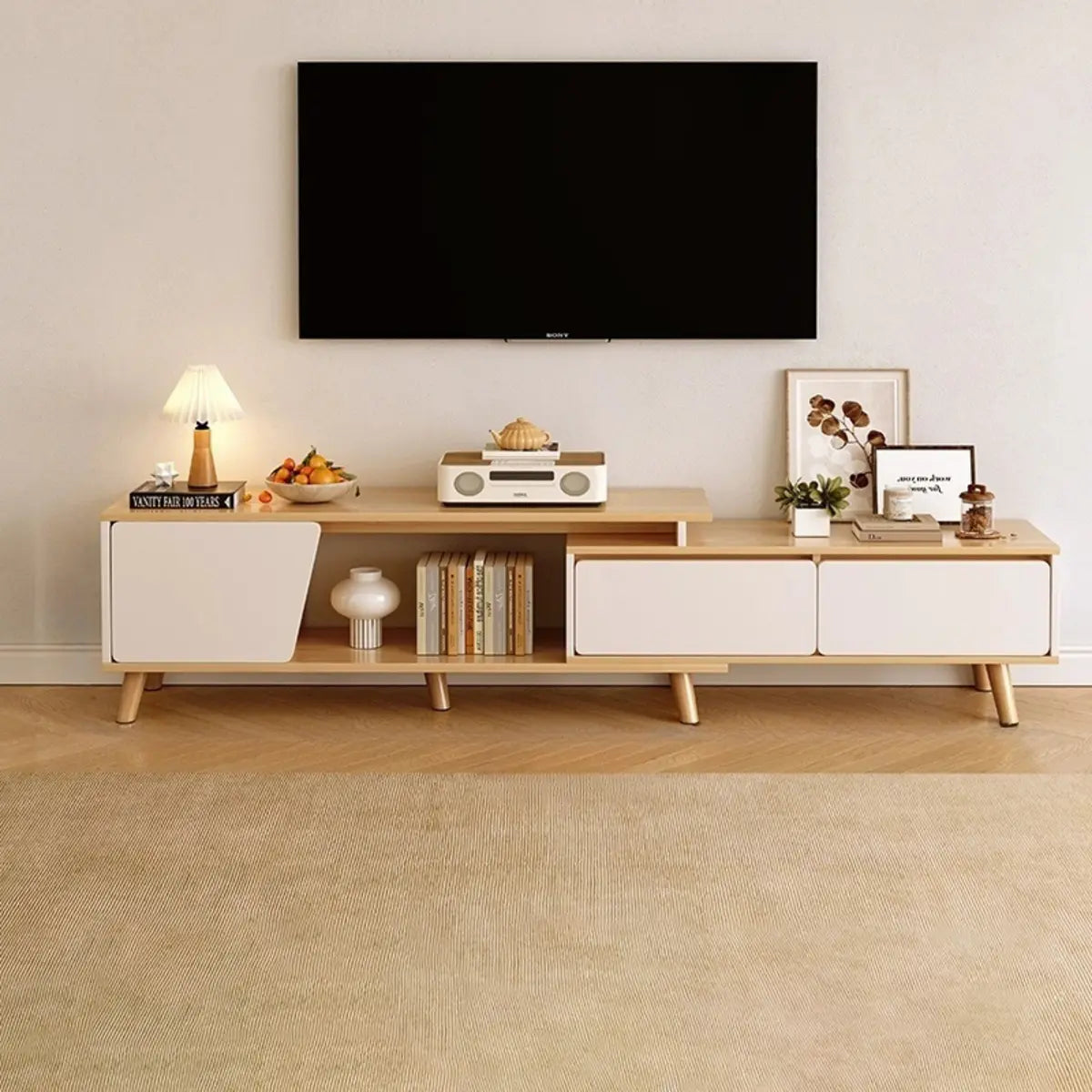 Natural Wood Open Storage Drawers TV Stand with Legs Image - 11
