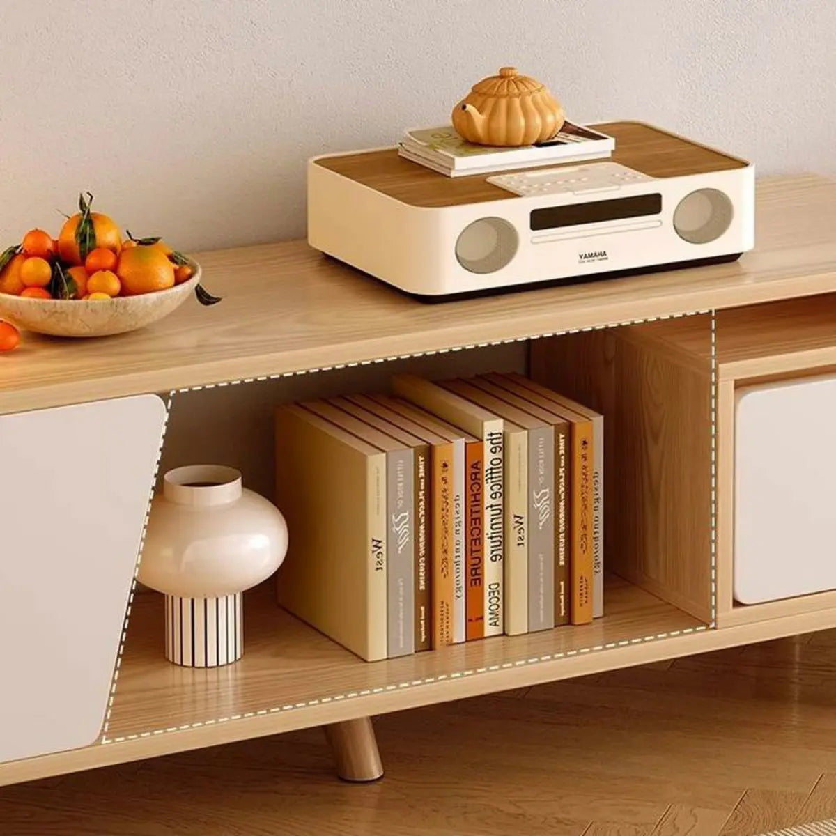 Natural Wood Open Storage Drawers TV Stand with Legs Image - 12