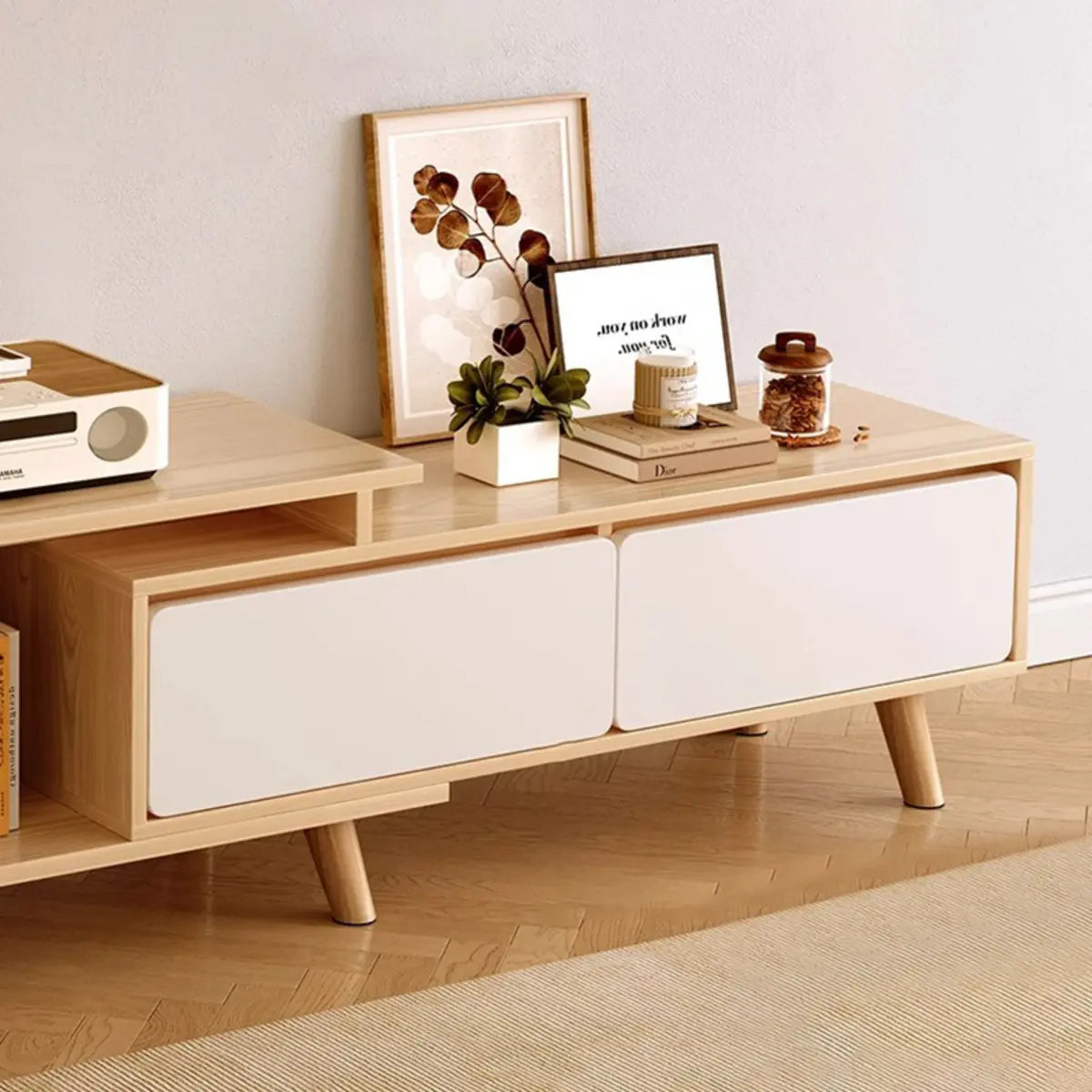 Natural Wood Open Storage Drawers TV Stand with Legs Image - 14