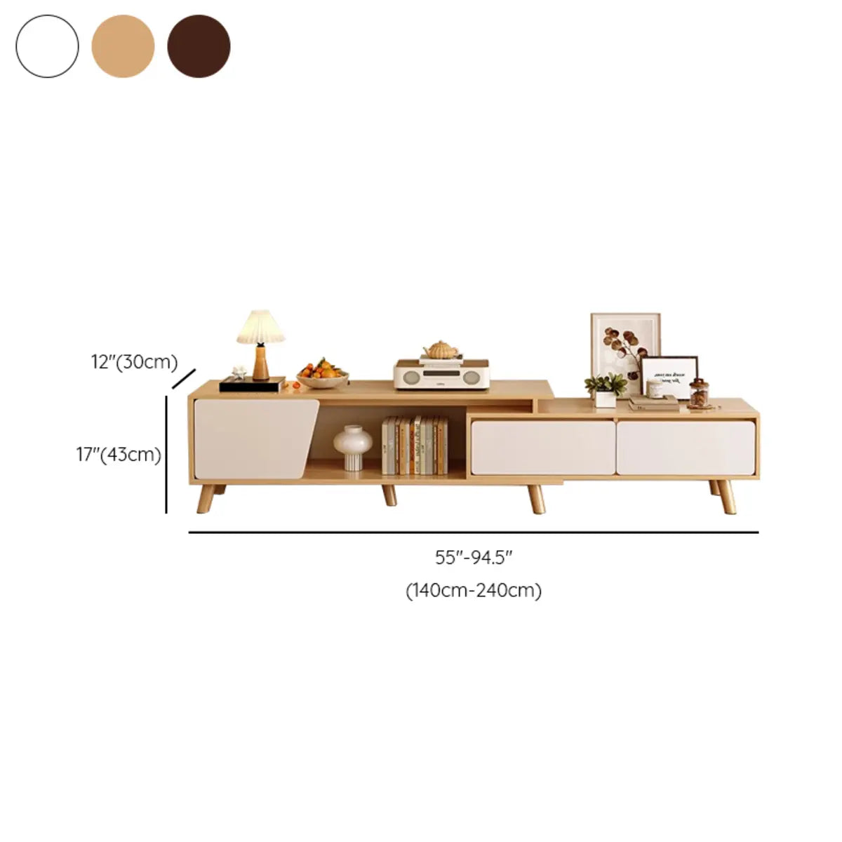 Natural Wood Open Storage Drawers TV Stand with Legs Image - 17