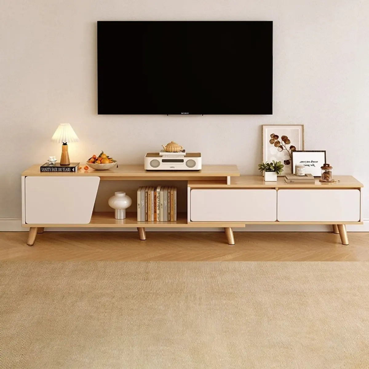 Natural Wood Open Storage Drawers TV Stand with Legs Image - 3
